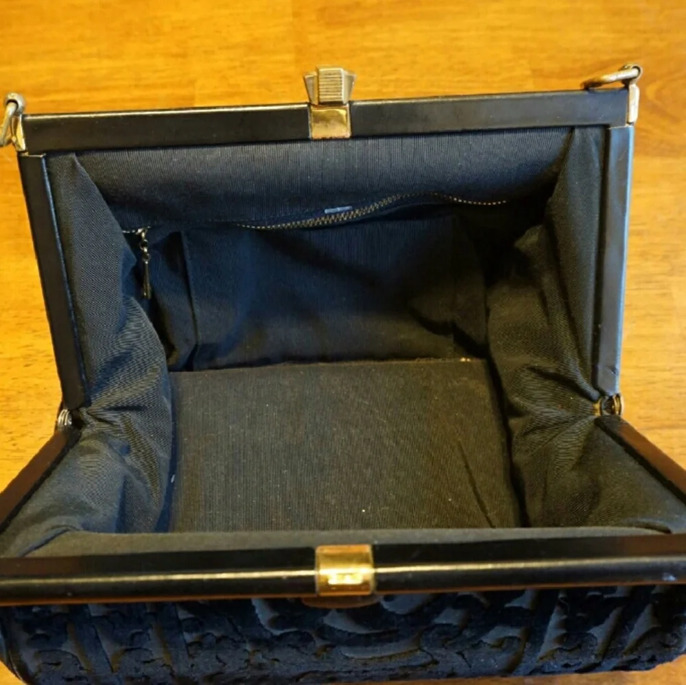Black Patterned Velvet Clutch with Gold Frame